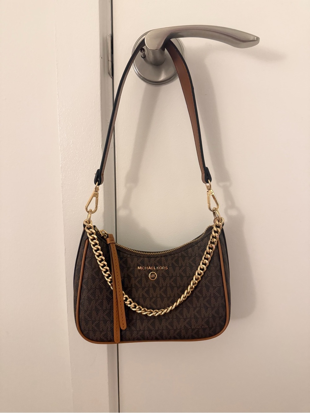Michael Kors Brown Signature Monogram Shoulder Bag with Gold Chain